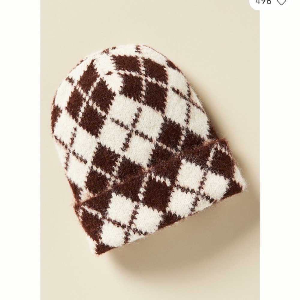 Anthropologie Brown and White Argyle Knit Beanie
